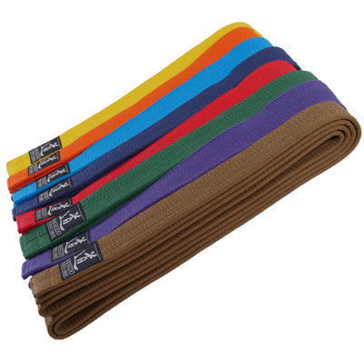 Ceintures d'Aikido colorées : Jaune, Orange, Bleu Clair, Bleu Marine, Rouge, Vert, Violet, Marron